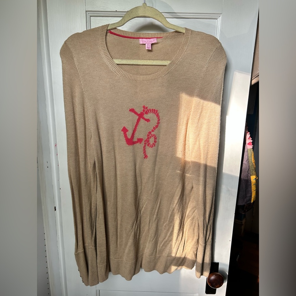 Lilly Pulitzer Tan Sweater with Pink Anchor